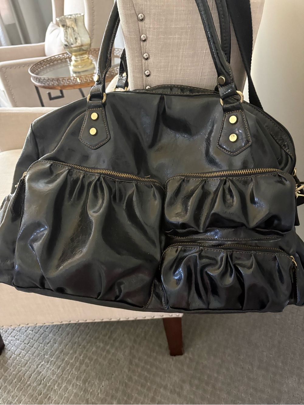 Massimo Shiny Black Gathered Front Pocket Tote with Gold Hardware